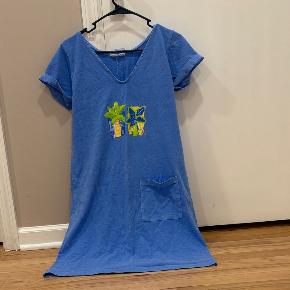 Blue Dress with Tropical Embroidery